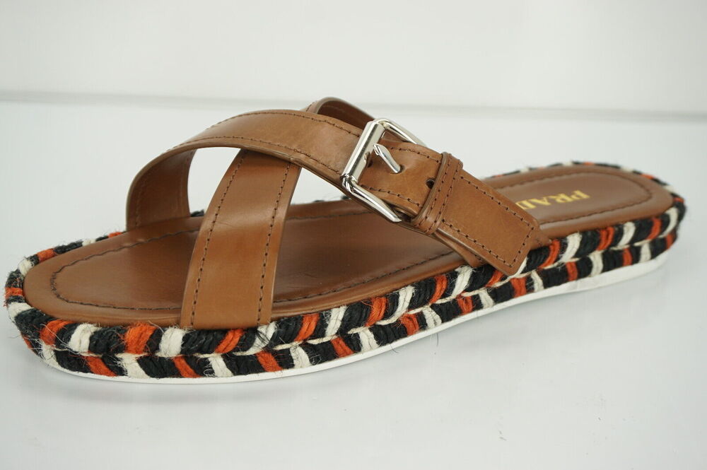 Prada Crisscross Espadrille Slide Sandals  logo New brown  Womens
